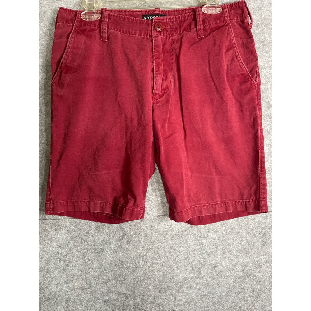 Express Mens Red Chino Shorts Size 30 Cotton Flat Front Casual Twill RN‎ 56285